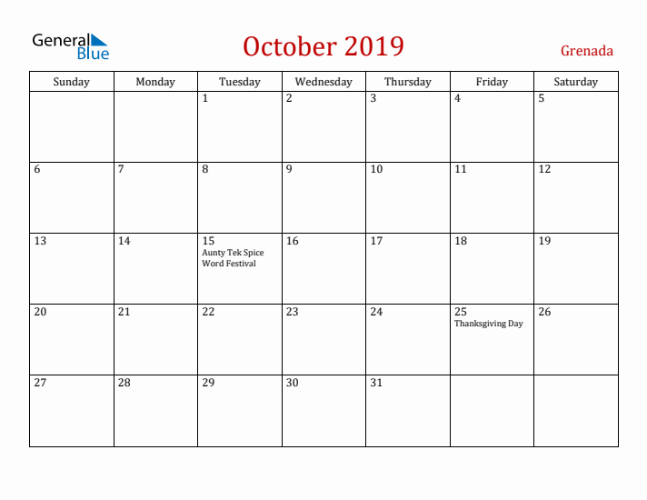 Grenada October 2019 Calendar - Sunday Start