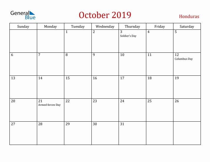 Honduras October 2019 Calendar - Sunday Start
