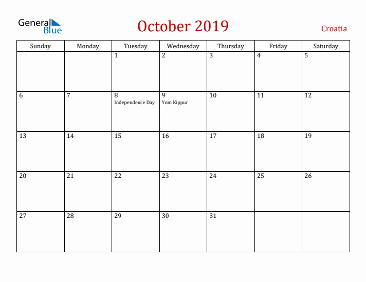 Croatia October 2019 Calendar - Sunday Start