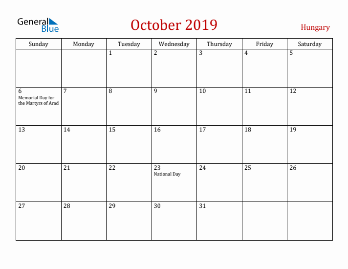 Hungary October 2019 Calendar - Sunday Start