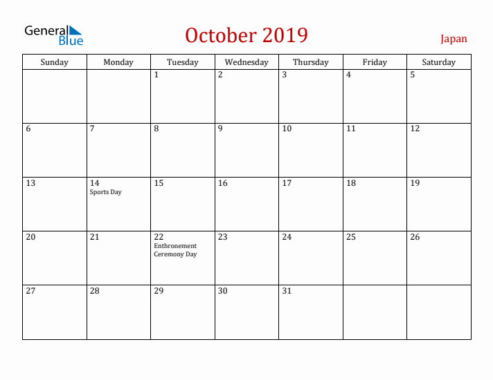 Japan October 2019 Calendar - Sunday Start