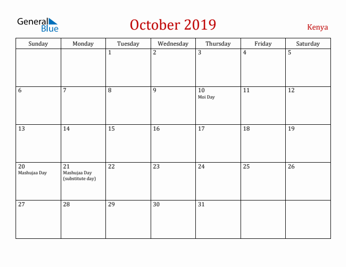 Kenya October 2019 Calendar - Sunday Start