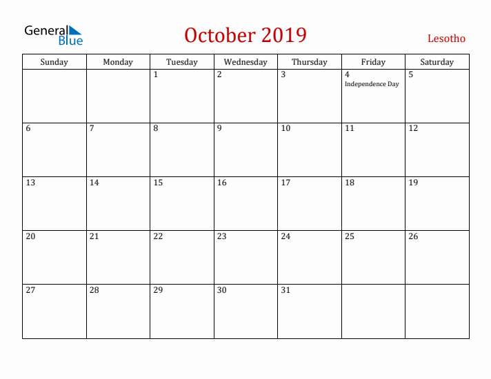 Lesotho October 2019 Calendar - Sunday Start