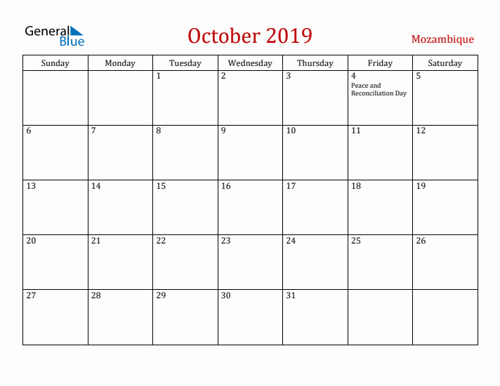 Mozambique October 2019 Calendar - Sunday Start