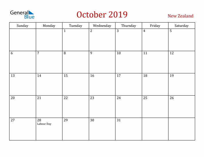 New Zealand October 2019 Calendar - Sunday Start