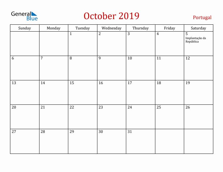 Portugal October 2019 Calendar - Sunday Start