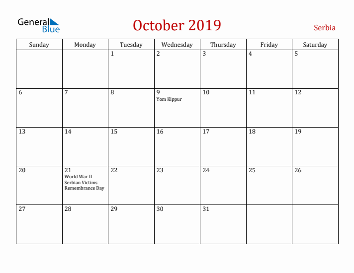 Serbia October 2019 Calendar - Sunday Start