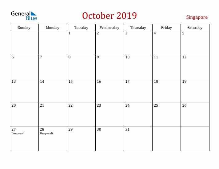Singapore October 2019 Calendar - Sunday Start