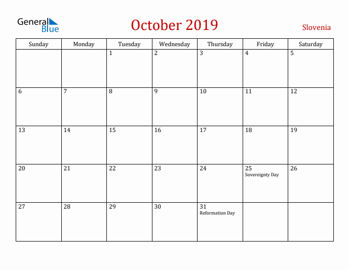 Slovenia October 2019 Calendar - Sunday Start