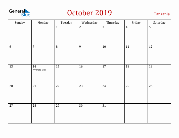 Tanzania October 2019 Calendar - Sunday Start