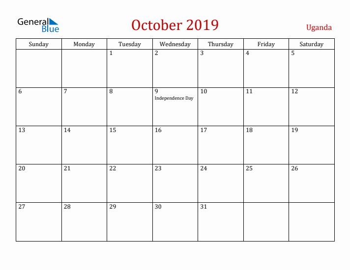 Uganda October 2019 Calendar - Sunday Start