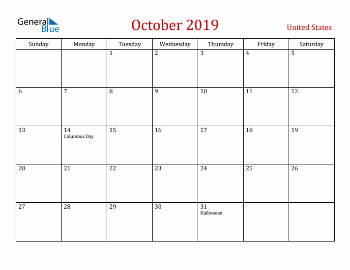 United States October 2019 Calendar - Sunday Start