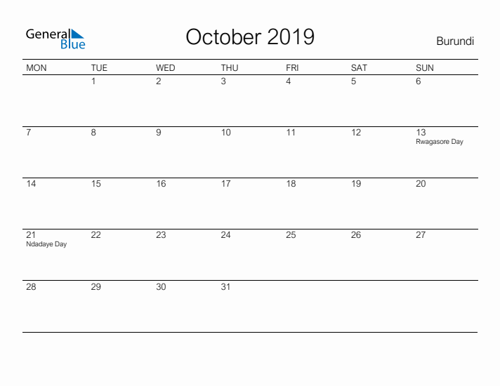 Printable October 2019 Calendar for Burundi