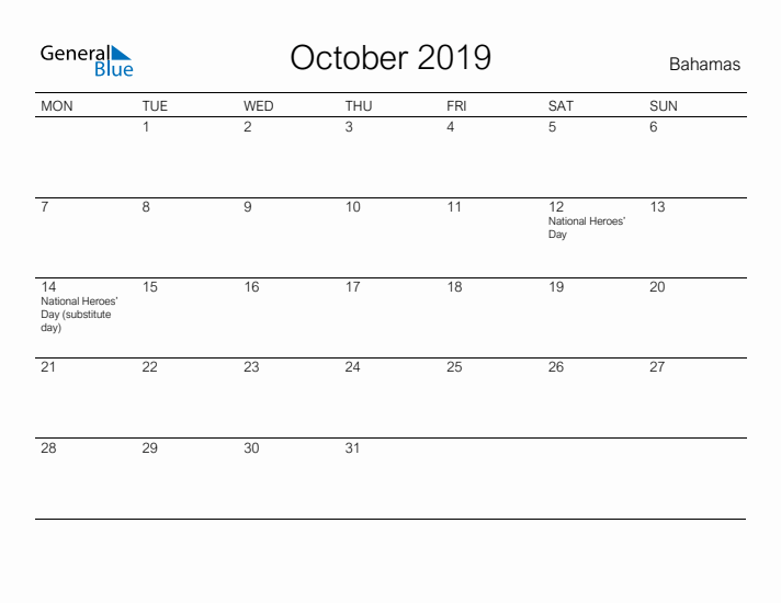 Printable October 2019 Calendar for Bahamas