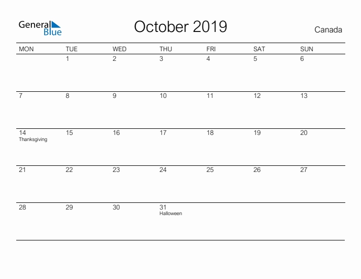 Printable October 2019 Calendar for Canada