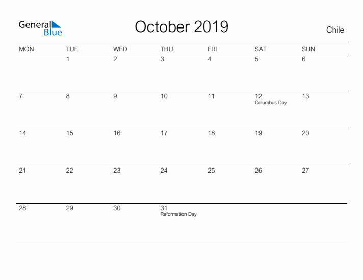 Printable October 2019 Calendar for Chile