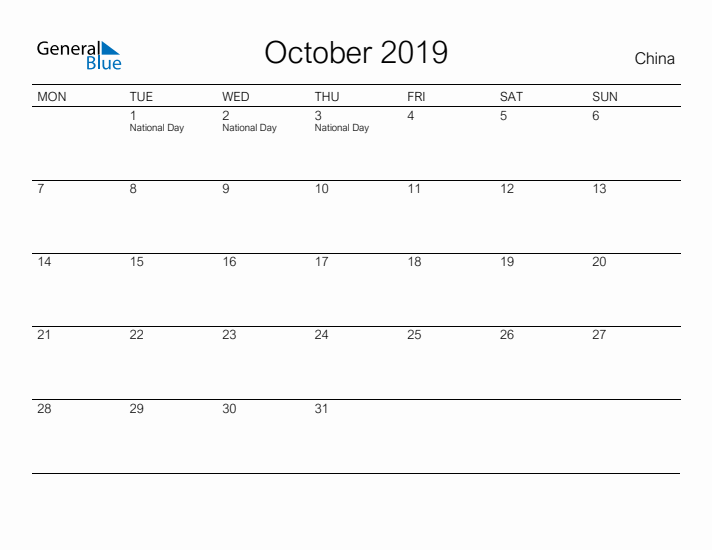 Printable October 2019 Calendar for China