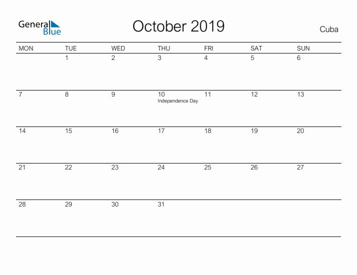 Printable October 2019 Calendar for Cuba