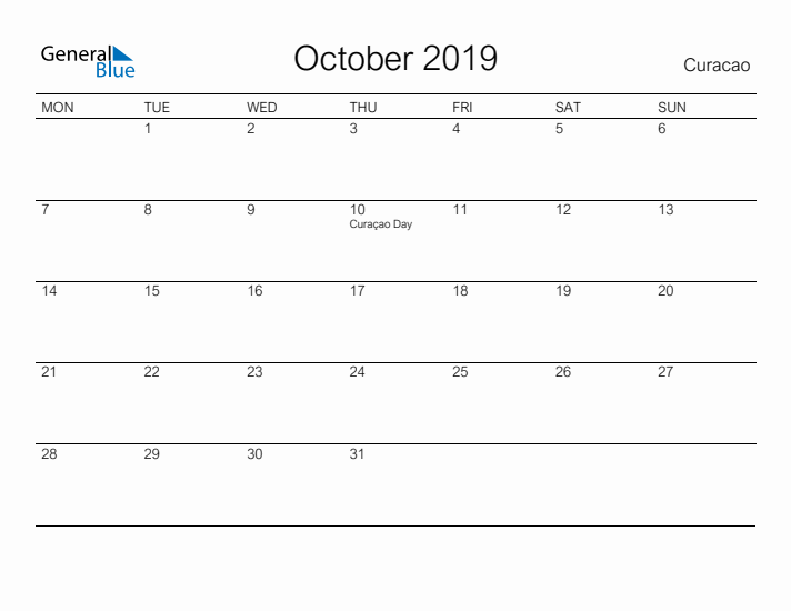 Printable October 2019 Calendar for Curacao