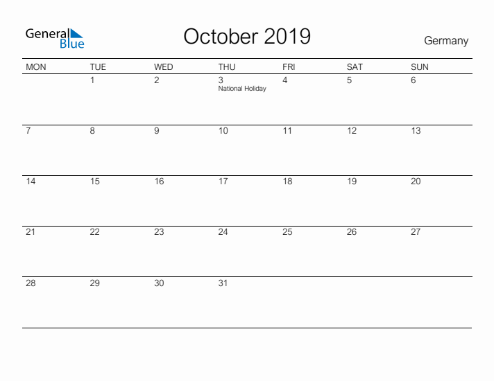 Printable October 2019 Calendar for Germany