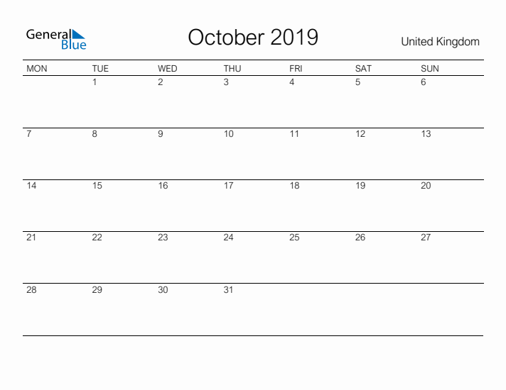 Printable October 2019 Calendar for United Kingdom