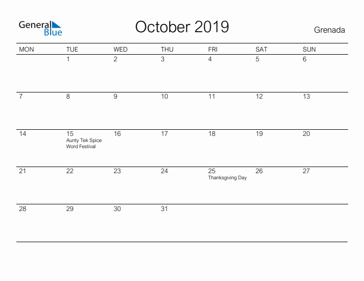 Printable October 2019 Calendar for Grenada