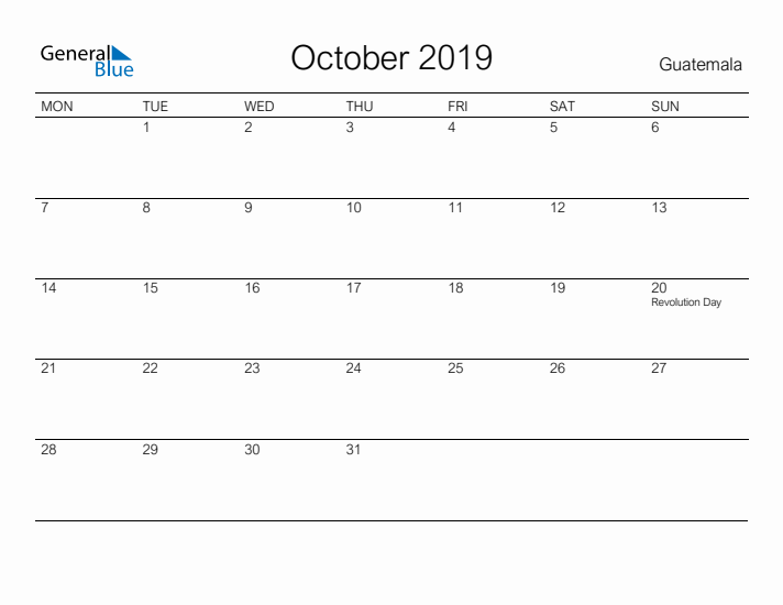 Printable October 2019 Calendar for Guatemala