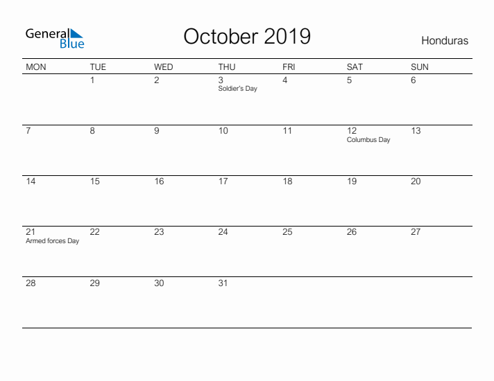 Printable October 2019 Calendar for Honduras