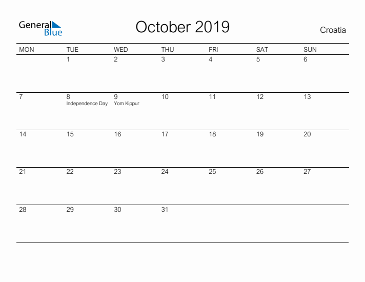Printable October 2019 Calendar for Croatia