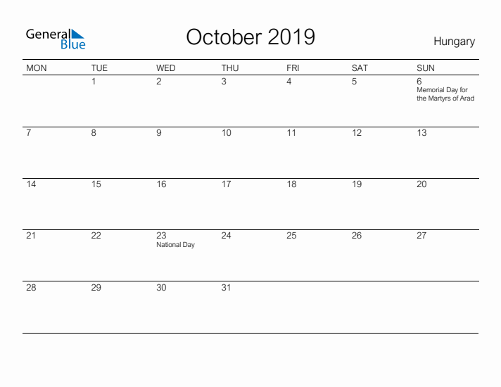 Printable October 2019 Calendar for Hungary