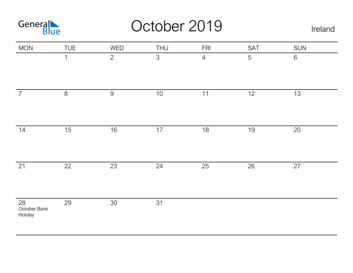 Printable October 2019 Calendar for Ireland