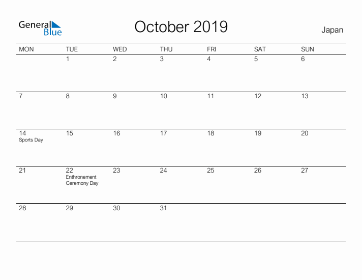 Printable October 2019 Calendar for Japan