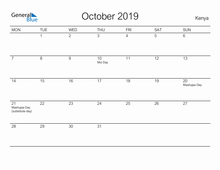 Printable October 2019 Calendar for Kenya