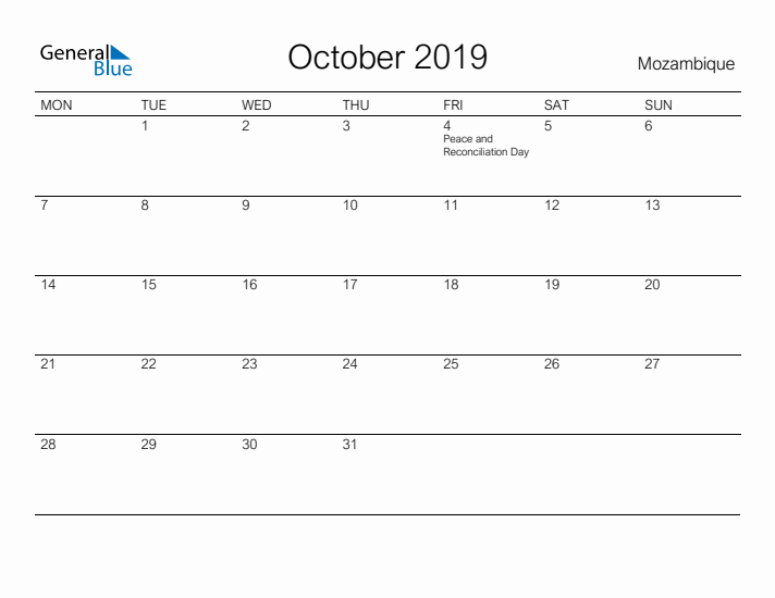 Printable October 2019 Calendar for Mozambique