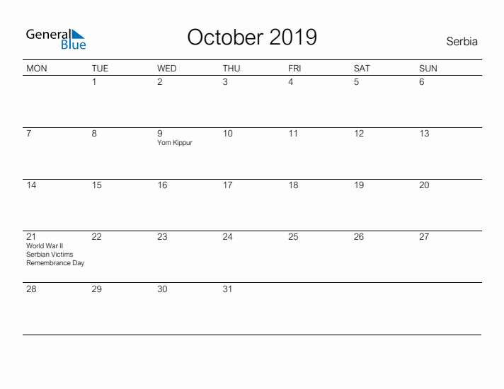 Printable October 2019 Calendar for Serbia