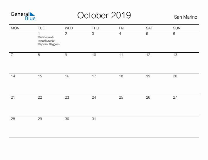 Printable October 2019 Calendar for San Marino