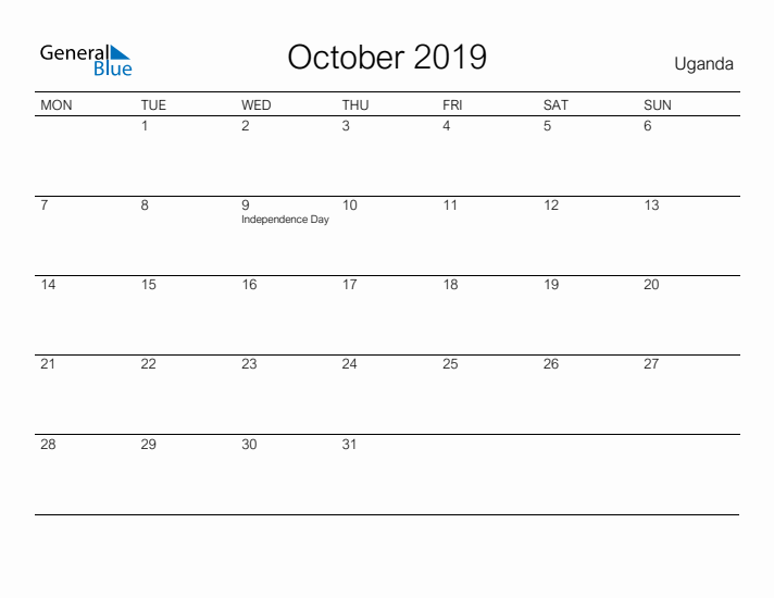 Printable October 2019 Calendar for Uganda