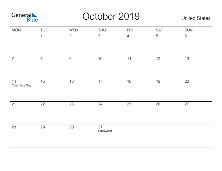 Printable October 2019 Calendar for United States