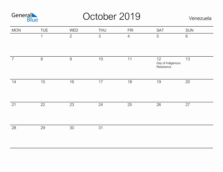 Printable October 2019 Calendar for Venezuela