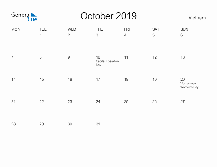Printable October 2019 Calendar for Vietnam