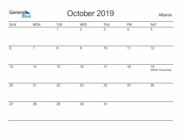 Printable October 2019 Calendar for Albania