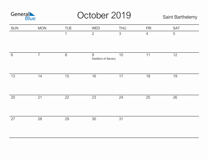 Printable October 2019 Calendar for Saint Barthelemy