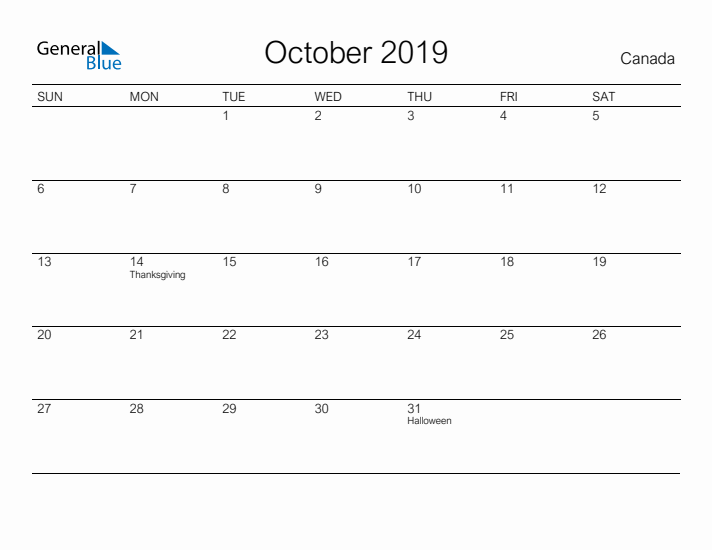 Printable October 2019 Calendar for Canada