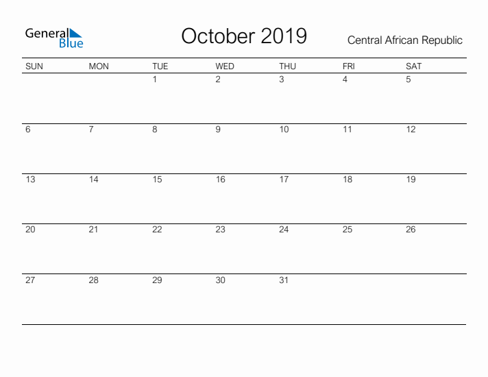 Printable October 2019 Calendar for Central African Republic