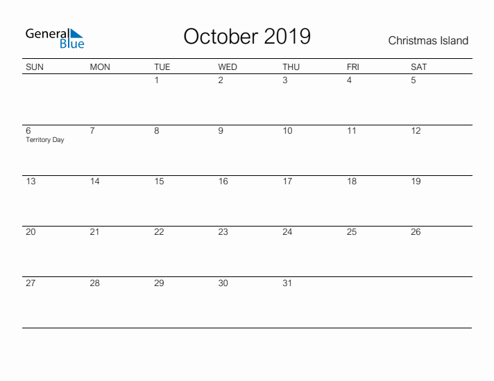 Printable October 2019 Calendar for Christmas Island
