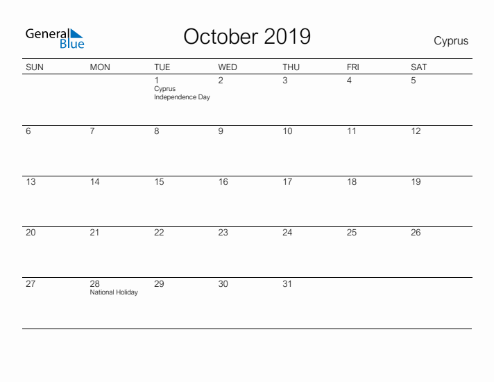 Printable October 2019 Calendar for Cyprus