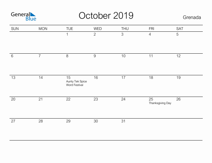 Printable October 2019 Calendar for Grenada