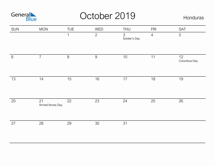 Printable October 2019 Calendar for Honduras