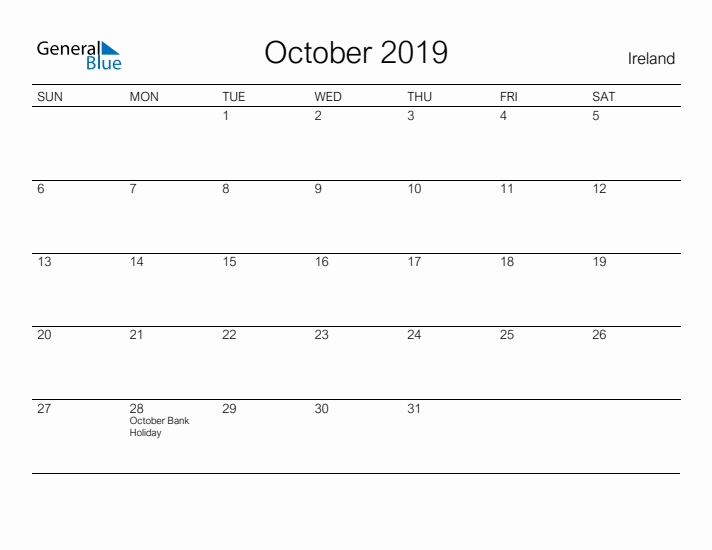 Printable October 2019 Calendar for Ireland