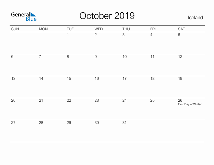 Printable October 2019 Calendar for Iceland